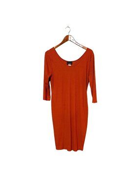 Ribbed Midi Bodycon Dress Rust Orange 3/4 Sleeve Discreet Brand
